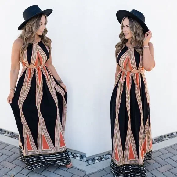 Black orange tie back geometric printed beach maxi dress summer - Picture 1 of 1